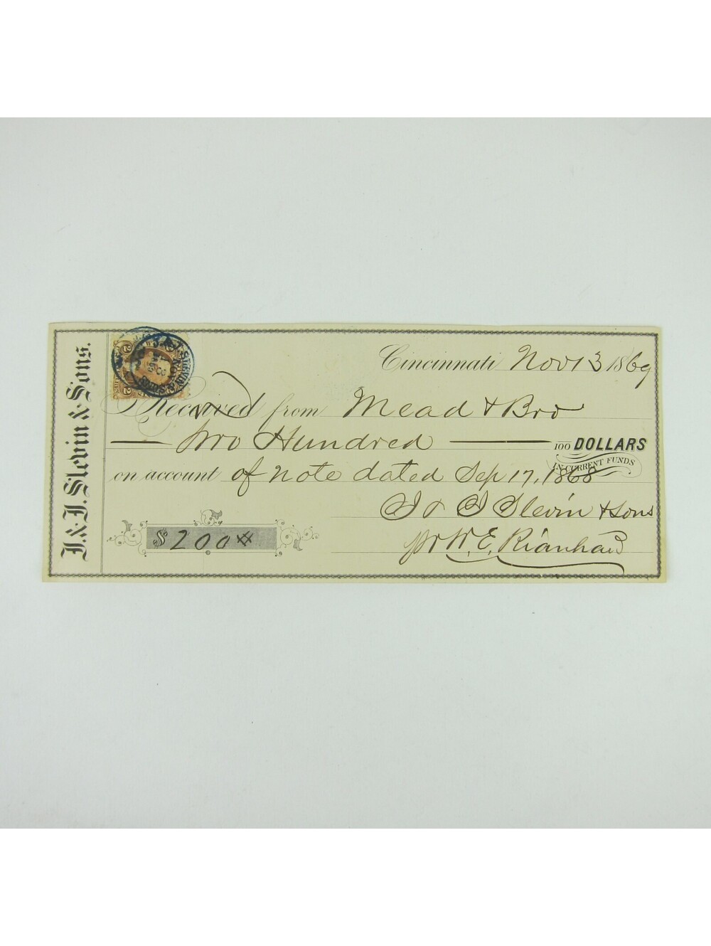 1869 Promissory Note & Revenue Stamp J. & J. Slevin & Sons Cincinnati OH Antique